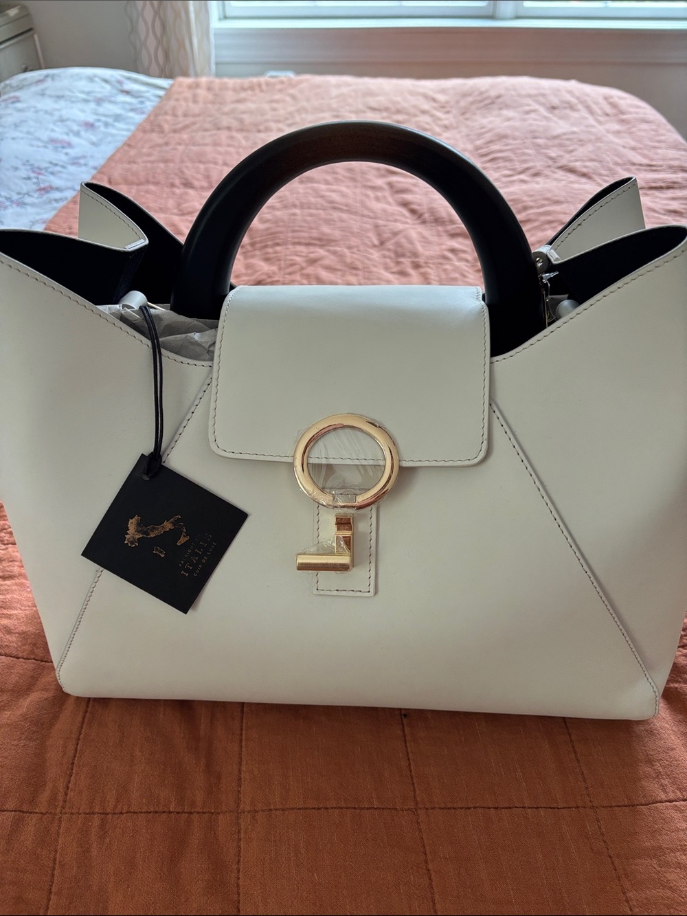 Made in Italy Satchel Bag , Women's White Structured Satchel with Gold Ring Lock